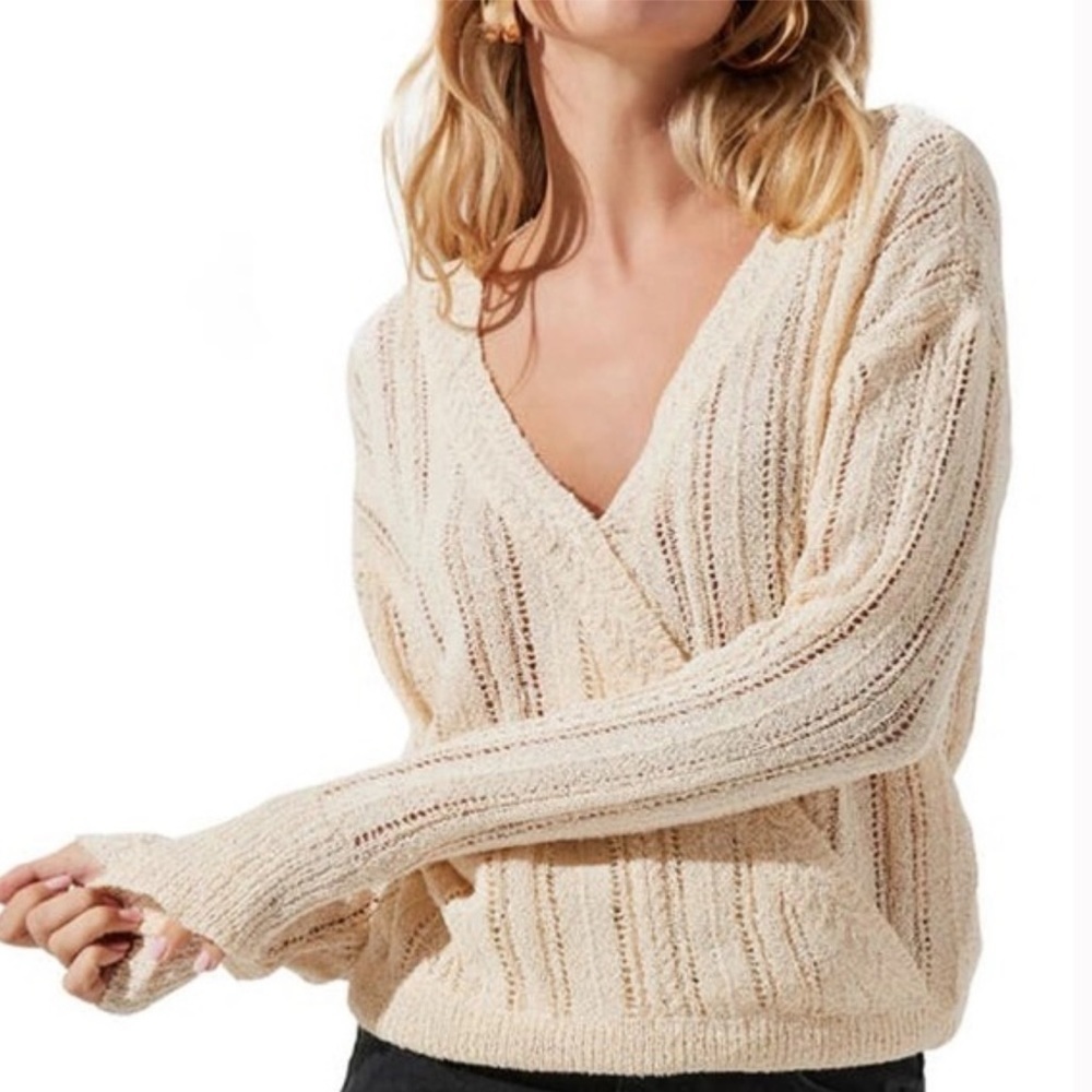 Astr The Label Cream Pointelle V-Neck Sweater Small